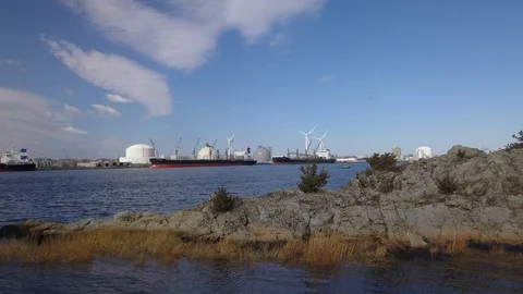Aerial approaching container vessel ship in port Stock Footage 129451401