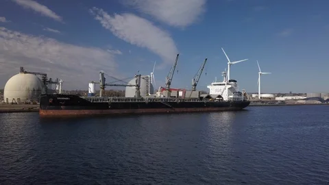 Aerial approaching container vessel ship in port Stock Footage 129451422