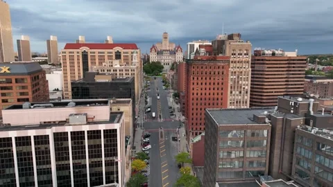 Aerial approaching the state house in albany new york, ny Stock Footage 219910434