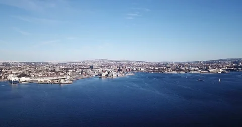 Aerial approaching view on Aker Brygge and Filipstad in Oslo, Norway Stock Footage 85867178