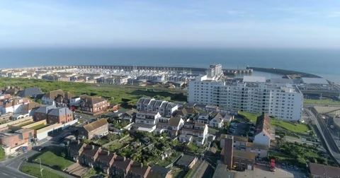 Aerial approaching view of Brighton marina in Southern England Stock Footage 76186947