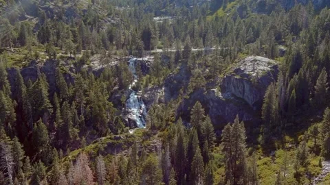 Aerial approaching view of Lower Eagle Falls in Lake Tahoe, California. Stock Footage 311818290