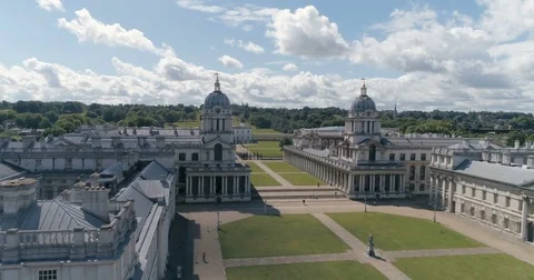 Aerial approaching view of the Old Royal Naval College in Greenwich, London Stock Footage 79654834