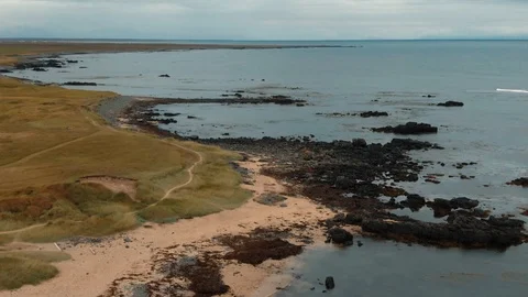 Aerial approaching view of a rocky volcanic beach in Iceland Stock Footage 118429301