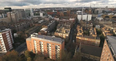 Aerial approaching view of St Pancras station in central London Stock Footage 69807968