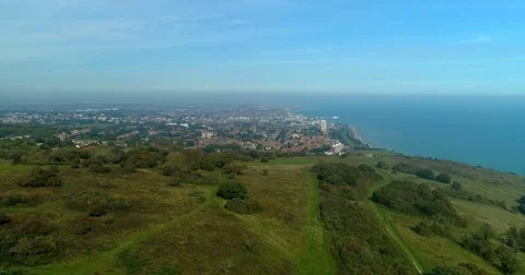 Aerial approaching view of the town of Eastbourn, Southern England Stock Footage 80419901