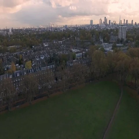 Aerial approaching view of a typical Victorian village in North London Stock Footage 69485465