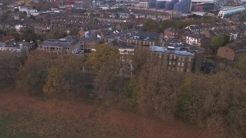 Aerial approaching view of a typical Victorian village in North London Stock Footage 69804645