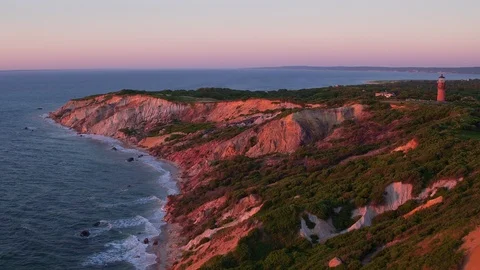 Aerial of Aquinnah Cliffs &amp; Lighthouse during a Sunset, Martha's Vineyard Stock Footage 87993780