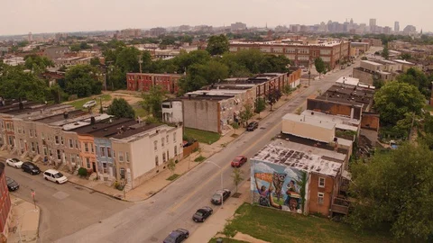 Aerial arc of Baltimore Project Housing Stock Footage