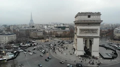 Aerial. Arc de Triomphe with Eiffelturm in the background. Paris. Stock Footage 138496059