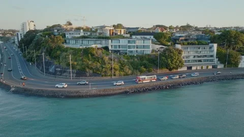 Aerial: Architecturally designed homes of Mission Bay, Auckland, New Zealand Stock Footage 228308231
