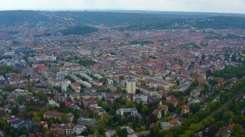 Aerial around the Bismarck tower in spring in Stuttgart, Germany. Stock Footage 121380964