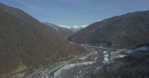 Aerial around cable-stayed bridge Adler road Krasnaya polyana Sochi Russia Stock Footage 289649227