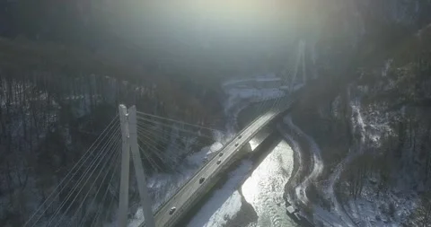 Aerial around cable-stayed bridge Adler road Krasnaya polyana Sochi Russia Stock Footage 289650094