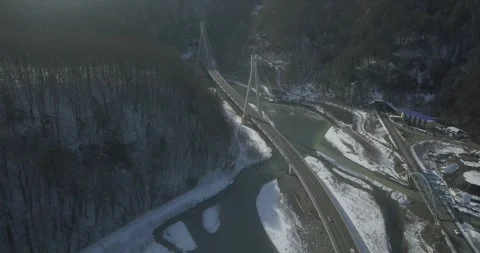 Aerial around cable-stayed bridge Adler road Krasnaya polyana Sochi Russia Stock Footage 289650273