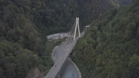 Aerial around cable-stayed bridge Adler road Krasnaya polyana Sochi Russia Stock Footage 289650488