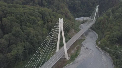 Aerial around cable-stayed bridge Adler road Krasnaya polyana Sochi Russia Stock Footage 289650976