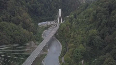 Aerial around cable-stayed bridge Adler road Krasnaya polyana Sochi Russia Stock Footage 289651022