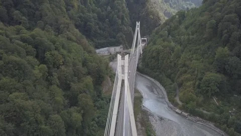 Aerial around cable-stayed bridge Adler road Krasnaya polyana Sochi Russia Stock Footage 289651024