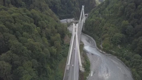 Aerial around cable-stayed bridge Adler road Krasnaya polyana Sochi Russia Stock Footage 289651035