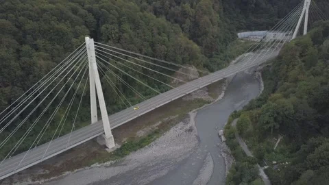 Aerial around cable-stayed bridge Adler road Krasnaya polyana Sochi Russia Stock Footage 289651054