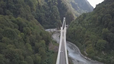 Aerial around cable-stayed bridge Adler road Krasnaya polyana Sochi Russia Stock Footage 289651056