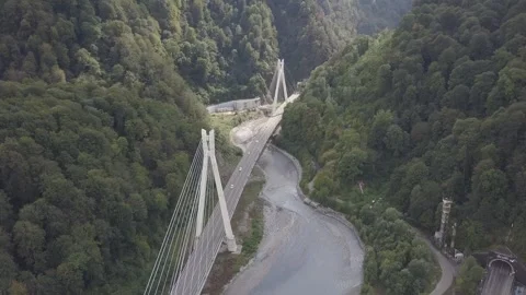 Aerial around cable-stayed bridge Adler road Krasnaya polyana Sochi Russia Stock Footage 289651121
