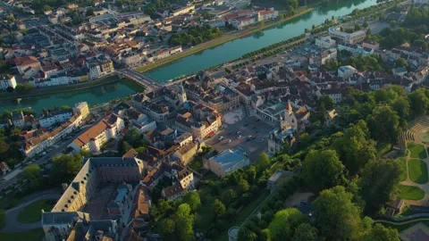 Aerial around the city Chateau-Thierry Stock Footage 250412408