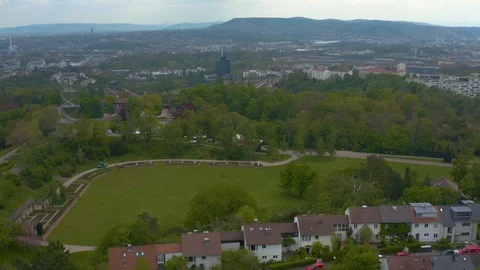 Aerial around the Killesberg in spring  in Stuttgart, Germany. Stock Footage 107693657
