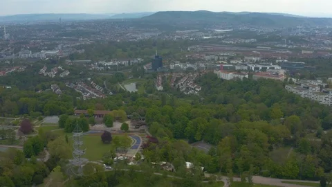 Aerial around the Killesberg in spring  in Stuttgart, Germany. Stock Footage 107693929