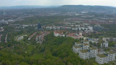 Aerial around the Killesberg in spring  in Stuttgart, Germany. Stock Footage 107694108