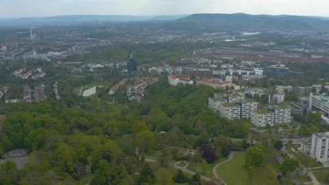 Aerial around the Killesberg in spring  in Stuttgart, Germany. Stock Footage 107694237