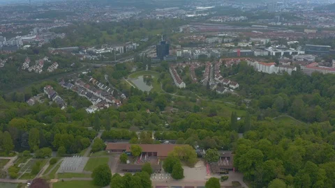 Aerial around the Killesberg in spring  in Stuttgart, Germany. Stock Footage 107694359