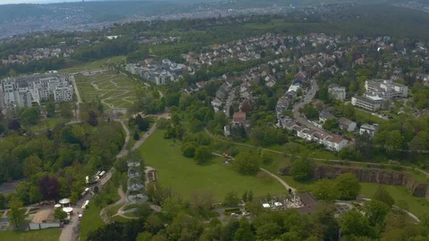 Aerial around the Killesberg in spring  in Stuttgart, Germany. Stock Footage 107695770