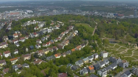 Aerial around the Killesberg in spring  in Stuttgart, Germany. Stock Footage 107696438