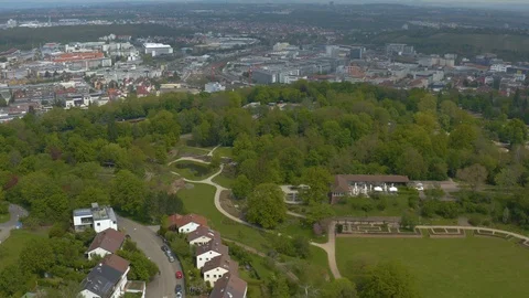 Aerial around the Killesberg in spring  in Stuttgart, Germany. Video stock 107696545