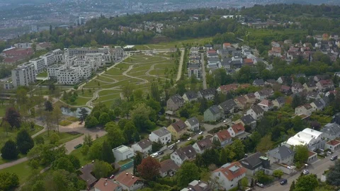 Aerial around the Killesberg in spring  in Stuttgart, Germany. Stock Footage 107697343