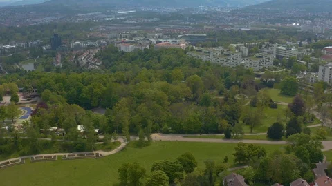 Aerial around the Killesberg in spring  in Stuttgart, Germany. Stock Footage 107697645