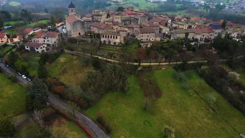 Aerial around the town of Perouges in France Stock Footage 236966364