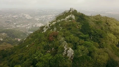Aerial around view of Castelo dos Mouros or Moorish Castle, Moors in fog and Stock Footage 112820097
