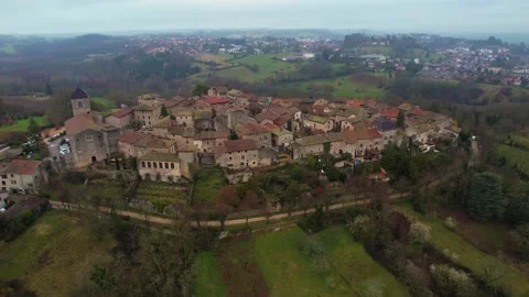 Aerial around the village Pérouges in France  Stock Footage 236969424
