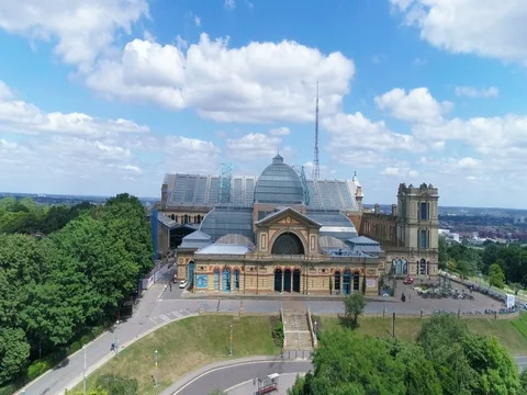 Aerial ascending view of Alexandra Palace in North London Stock Footage