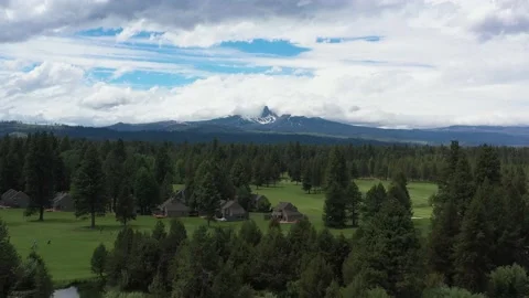 Aerial ascending view of a nice golf course surrounded by evergreen trees in the Stock-Footage 197346531