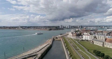 Aerial ascending view of the old town of Portsmouth, Southern England Stock Footage 80614681