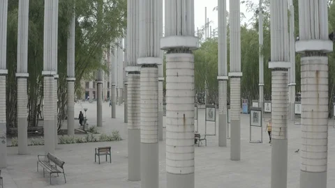 Aerial ascends in front of lamppost in Parque de las Luces in Medellin, Colombia Video stock 105828775