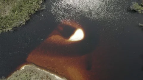 Aerial ascends over intersection of river with red water in Colombia Stock-Footage 100739543