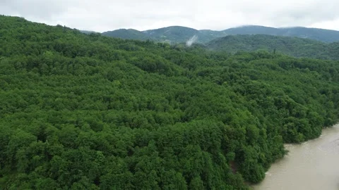 Aerial Ascent Toward Forested Hilltop, Tekhuri River, Martvili Stock Footage 343673466