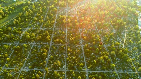Aerial back view of cemetery also called graveyard, a place where the remains of Video stock 113068966