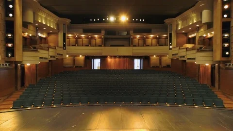 Aerial backward flight inside theater hall. Stock Footage 87987330
